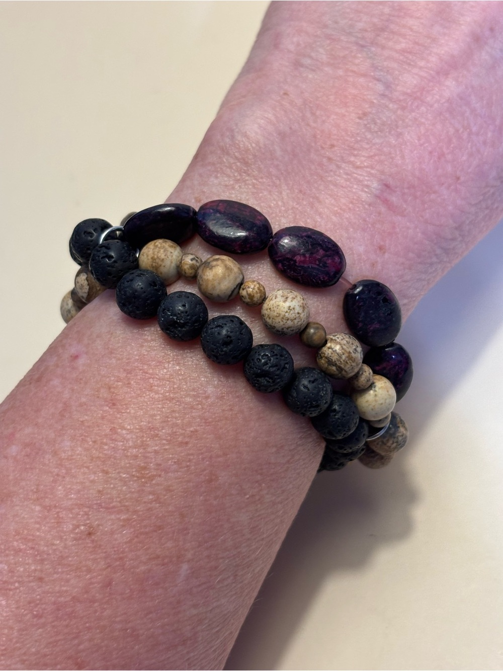 Handcrafted Black Lava & Jasper Stone Stretch Bracelet Set